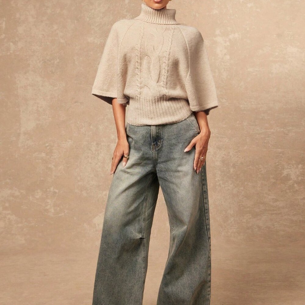 Khaki Casual Women's Cinched Waist Batwing Textured Turtleneck Sweater - Picture 1 of 8